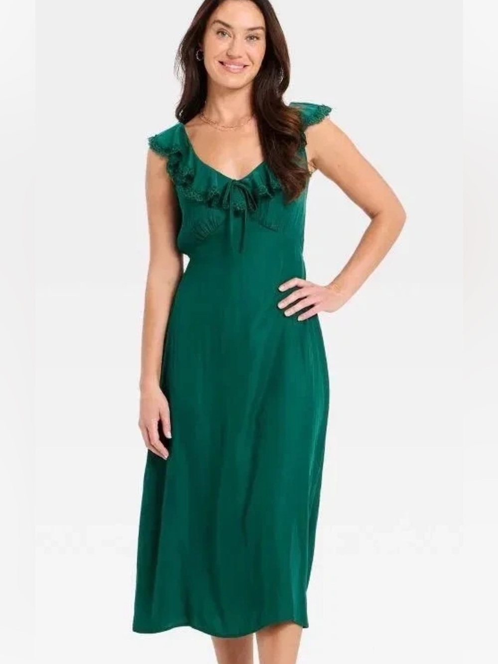 Universal Thread NWT Emerald GREEN Ruffle lace V-Neck sleeveless slip midi Dress